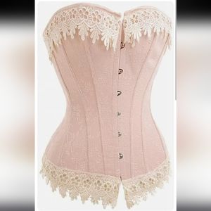 NWOT Pink Overbust Corset Floral Jacquard Lace Up Bustier Corset Top Brocade